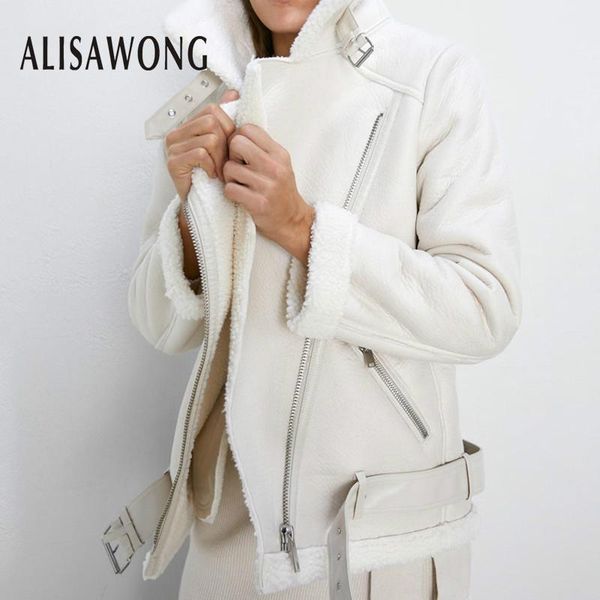 

women's leather & faux autumn winter women jacket ladies outerwear warm lambs wool fur collar biker moto thick coats, Black