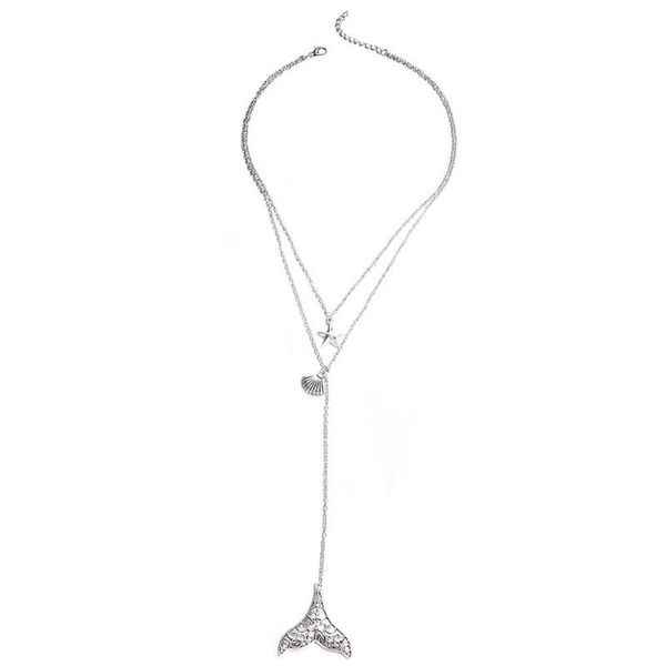 

pendant necklaces vintage starfish shell fish tail multi-layer necklace women banquet party gift, Silver