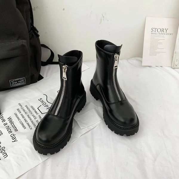 

lady boots women's low shoes round toe luxury designer zipper boots-women flat heel ankle med autumn fashion rubber 2021 lolita, Black