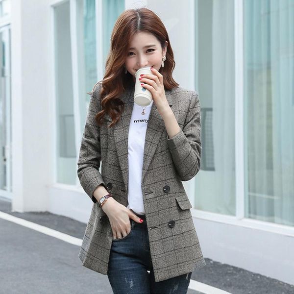 

vintage houndstooth women blazer double breasted plaid female suit jacket casual long sleeve pockets blazer femme 2021, White;black