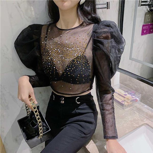 

women skinny shirt diamonds o-neck long sleeve slim shirts female mesh court vintage 2021 new chic elegant fold blouse, White