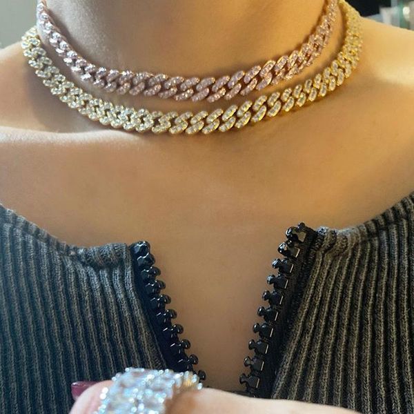 

miami cuban link chain necklace 9mm full bling bling iced out colorful cubic zirconia cz gold fashion jewelry necklace, Golden;silver