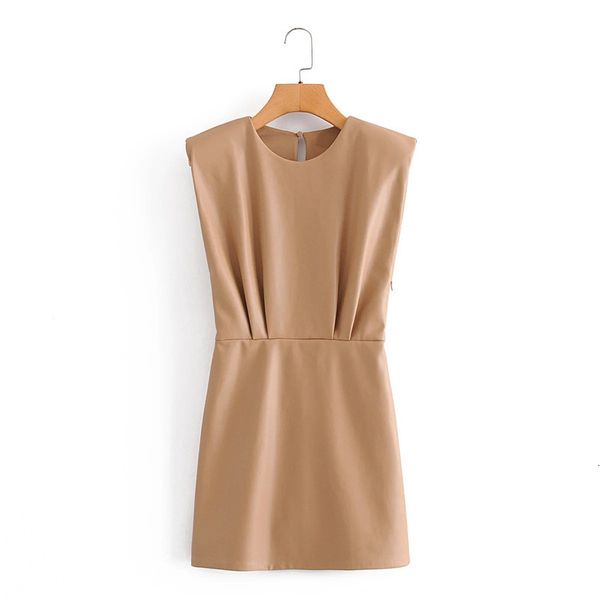 

2021 new camel faux leather mini women fashion sleeveless shoulder pads o-neck ruched short dress woman elegant dresses 1mf6, Black;gray