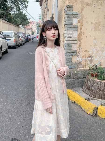

t2evb cardigan autumn loose pink sweater early coat women 2020 new girl's sweet sweater sweaterlong sleeve knitted 6tqp5, White;black