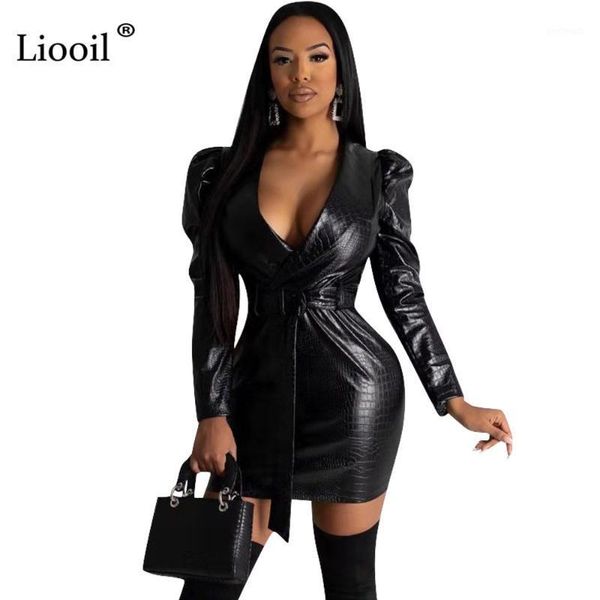 

casual dresses liooil black bandage bodycon party night club dress 2021 long sleeve n deck solid tight mini women clothes1, Black;gray