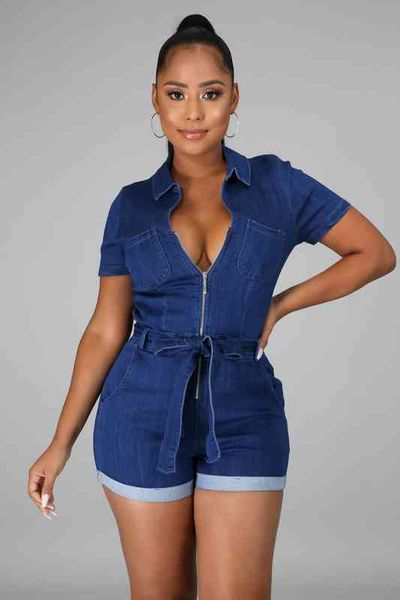 

ladies short sleeved lapel with fashion casual simple denim slim fit jumpsuit, Black;white
