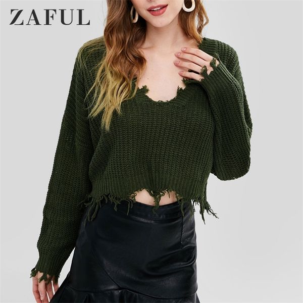 

zaful fall women sweaters loose ripped v neck jumper sweater tassel solid pullover long sleeve knit crochet cropped autumn lj201017, White;black