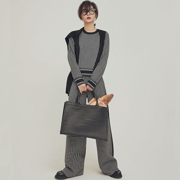 

2021 new clothes of two female parts houndstooth neck fine mesh fit pullover jumpers loose knitting leg long winter pants n23f, Gray