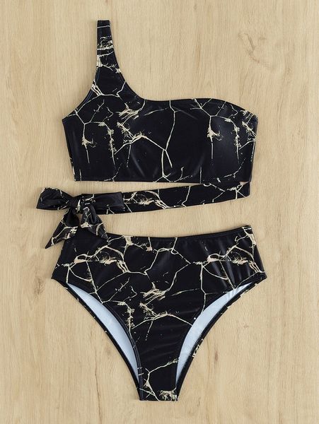 

marble print one shoulder high waisted bikini swimsuit x26o#, White;black