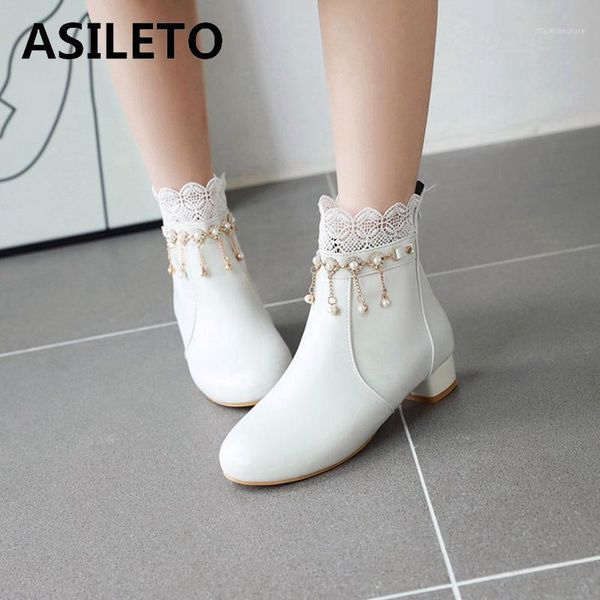 

boots asileto ladies ankle round toe 2.5cm square heels zip lace pearl sweet cute luxury big size 30-43 winter autumn a33241, Black