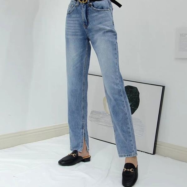 

high waist blue women jeans fashion wild split straight lady denim trousers 201109