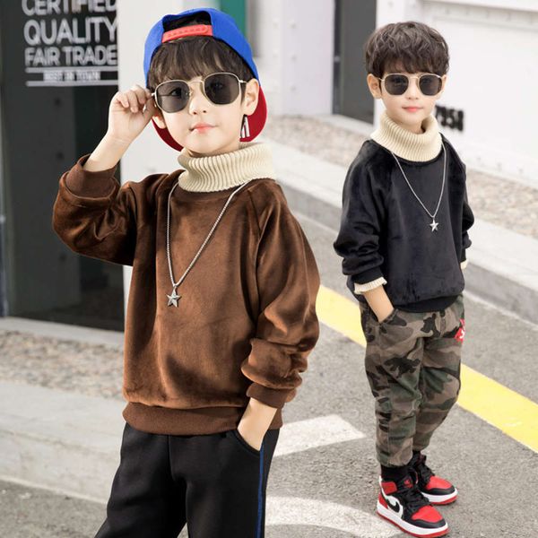 

2019 boys' plush sweater autumn and winter woolen collar stitching base coat new children's wear, Black