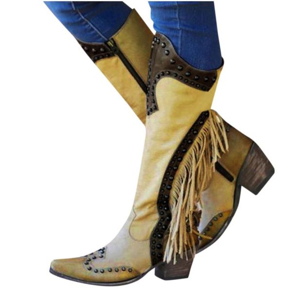 

autumn winter vintage boots for women's tassel square head low-heeled knee-high western pointed toe rodeo slip-on comfy boots, Black