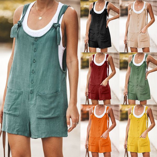 9 cores mulheres verão mais tamanho macacão elegante jumpsuits romper casual vintage senhoras calças curtas de algodão e linho perna larga t200704