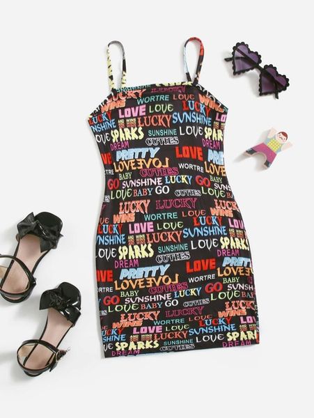 

girls allover letter graphic cami dress she, Red;yellow