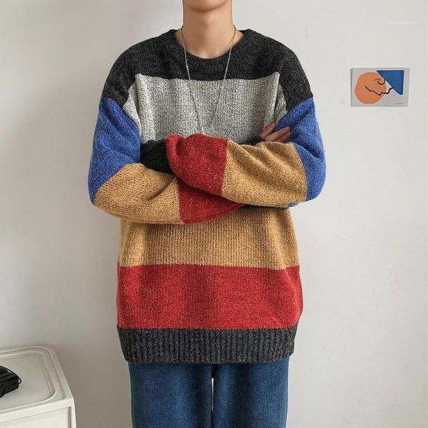 

winter autumn standard style retro vintage black brown men hip hop sweater pullover men streetwear stripe knitted clothing1, White;black