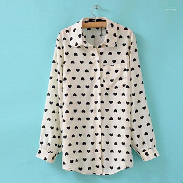 

women's blouses charming clothing slim casual chiffon long sleeves lapel love shirtt print shirt blouses1, White