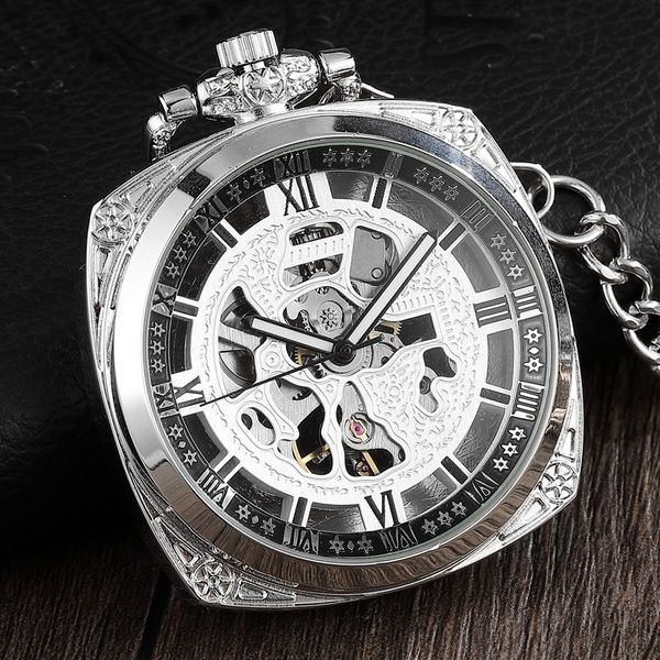 

retro vintage square dial steel mechanical pocket watch men hollow skeleton sculpture steampunk pocket watch set women men gifts t200502, Slivery;golden