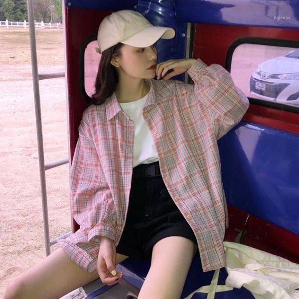 

women's blouses & shirts net red plaid shirt women's spring 2021 korean college style all-match loose casual long-sleeved jacket1, White