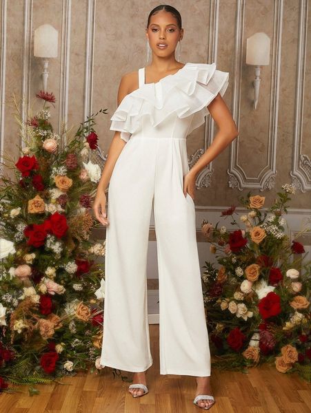 

exaggerated ruffle trim asymmetrical neck jumpsuit z394#, White