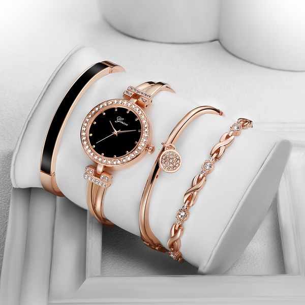

4 pcs q1219 elegant gold bracelet quartz suit luxury watch wristwatch rose watches diamond ladies clock orologio women fashion adgfh, Slivery;brown