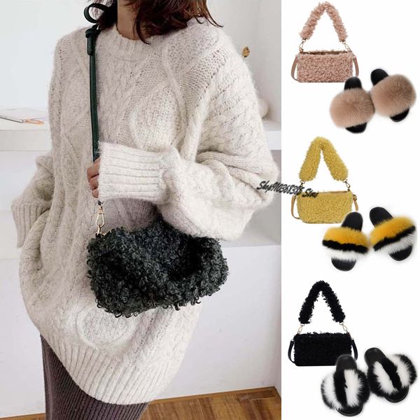 

women fashion plush portable small square bag furry handbag set ladies fluffy fox fur slippers summer sandals outdoor flat shoes x1020, Black