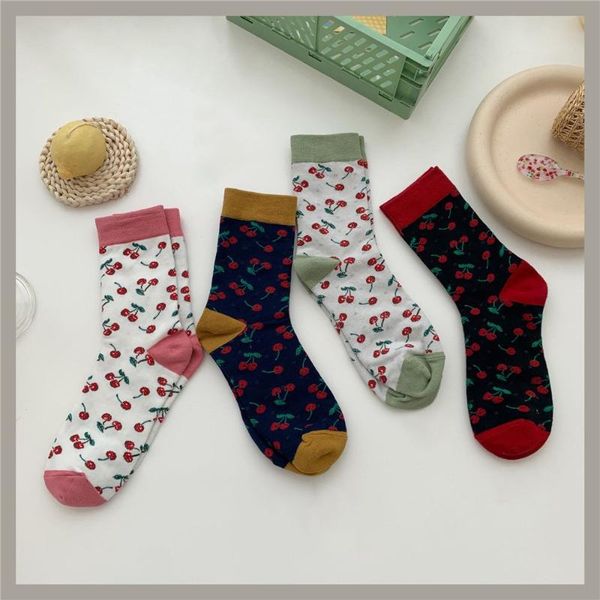 

socks & hosiery jeseca cherry print casual women's japanese kawaii girls cartoon cute long for woman harajuku streetwear sox, Black;white