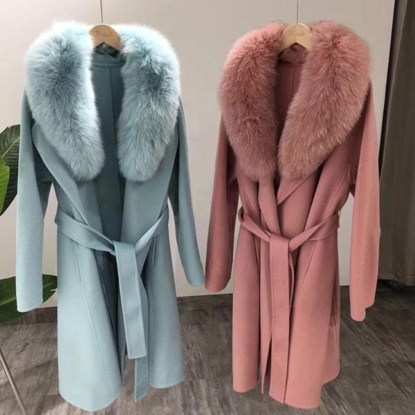 

women's wool & blends fahion women hand stitched woolen jacket cashmere winter long coat genuine fluffy fur collar for lady, Black