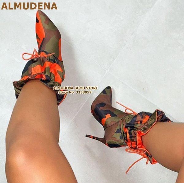 

almudena orange camouflage high heel boots color patchwork ruffle mid-calf boots lace-up pointed toe falbala dress shoes pumps1, Black