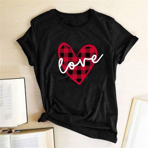 

black and red plaid heart love print women t-shirt cute valentine's day gift tshirt for girlfriend women graphic tee clothes, White