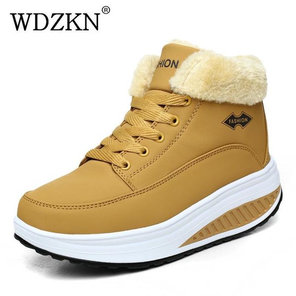 

wdzkn new women snow boots comfortable lace up ankle boots for women winter wedge platform round toe fur warm shoes, Black