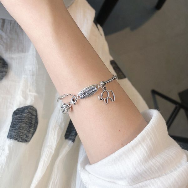 

japanese and korean style s925 full bracelet body sterling silver thai silver lines outline elephant bracelet ins fashion fashion students l, Golden;silver