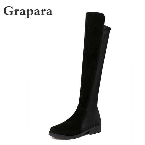 

boots 2021 fashion winter women shoes woman flock suede thigh high snow solid over the knee grapara, Black