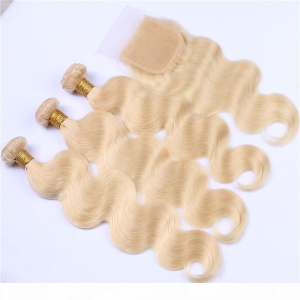 

brazilian human hair blonde weaves with closure body wave pure #613 bleach blonde color 4x4 lace front closure with 3 bundles extensions, Black