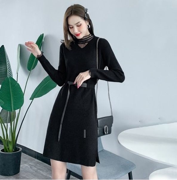 

autumn winter 2020 new knitted french fashion versatile medium and long knitted sweater with dress dresssweater dress bottom skirt 96mvg 96m, White;black