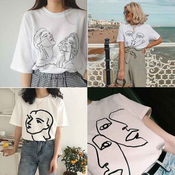 

корейский мода искусство рисования тенниска женщины абстракция пара graphic tee cute ulzzang матисс line drawing face art t shirt, White
