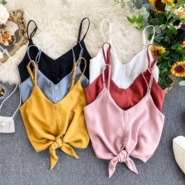 

2020 summer women's bowtie vest tank crop buttons sweet short camisole longerie girls spaghetti chiffon soft femme veste1, Black;white