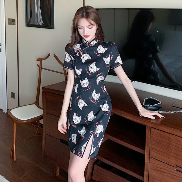 

fjogs new dressgirl style improved improved waistb for slim fresh dresscheongsam chinese printed new chinese style with with waistband for s, Black;gray