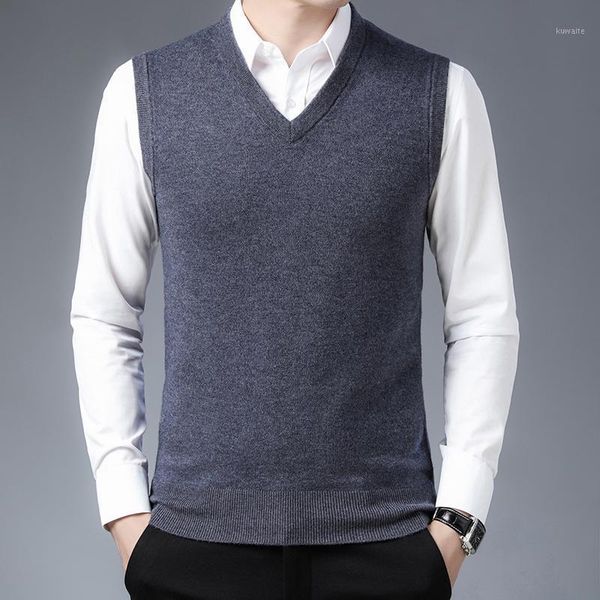 

man pure 100% wool sweater casual solid color cashmere vest v-neck male jumper knit clothing pullovers1, White;black