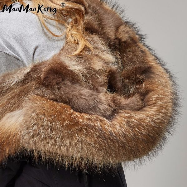

winter woman real coat women jacket collar kurtka damska natural fox raccoon fur liner hooded parkas lj201203, Black