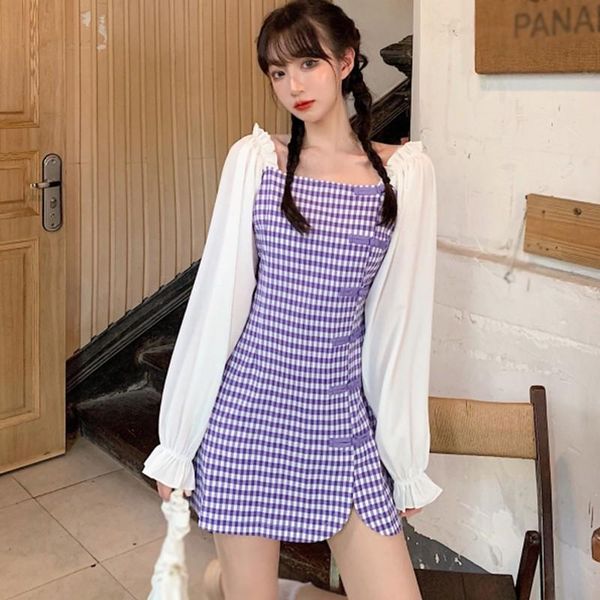 

casual dresses chinese style puff sleeve cheongsam spring autumn retro plaid women long, Black;gray
