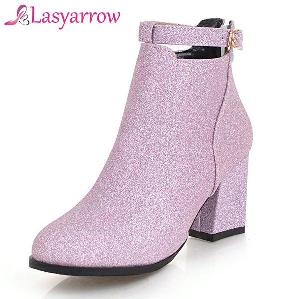 

boots lasyarrow zipper women booties chunky heel motorcycle boot bling gold silver buckle ankle round toe autumn f489, Black