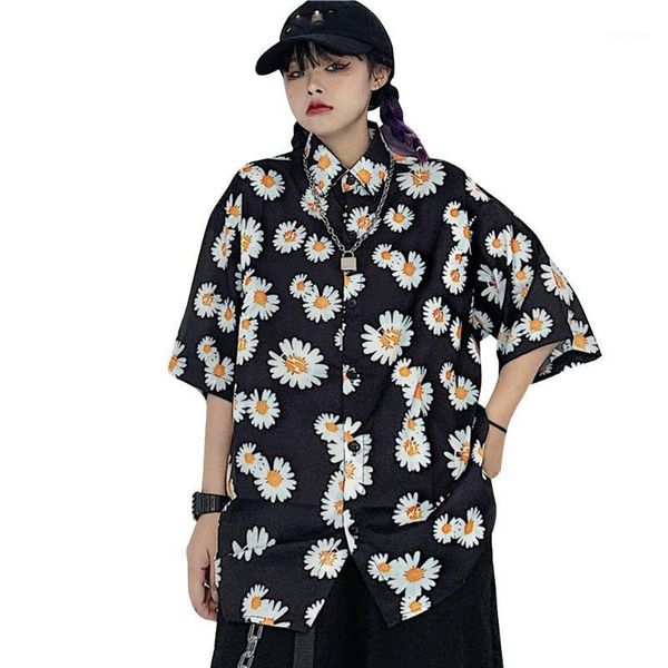 

men women shirt short sleeve daisy lapel retro loose couple wear base female male summer 1 men's casual shirts, White;black