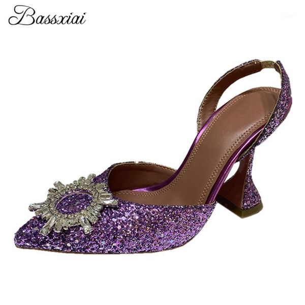 

sandals bling sequins high goblet heel women point toe crystal sunflower buckle decor party sandalias summer1, Black