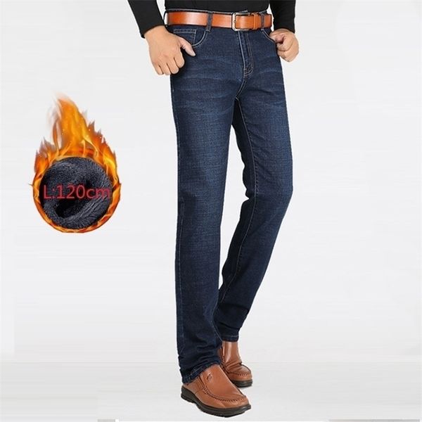 

men winter jeans straight thick warm extra long big tall clothing denim pants male cowboy trousers black men jeans fleece 201111, Blue