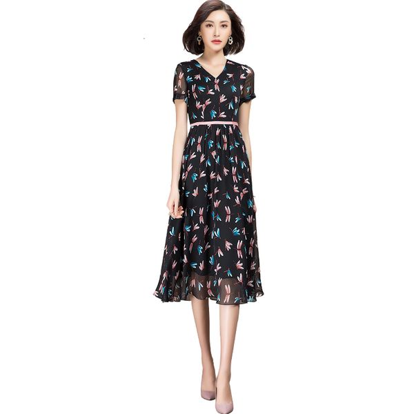 

summer short sleeve neck floral chiffon dress woman 5k7o, Black;gray