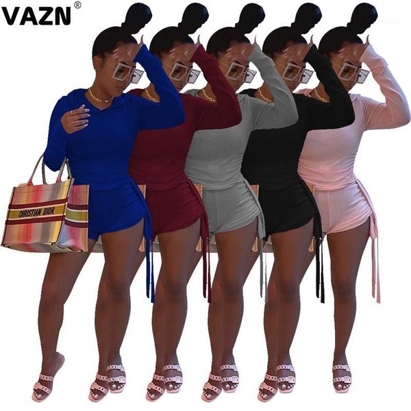 

vazn 2020 autumn young daily solid hooded full sleeve group short pants slim women 2 piece set1, Gray