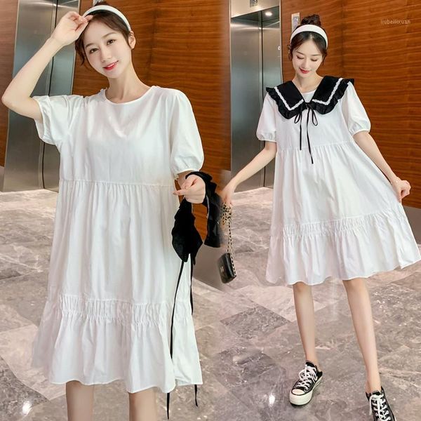 

1233# maternity clothes summer mid-long short sleeve loose stylish a line dress for pregnant women pregnancy clothes1, White