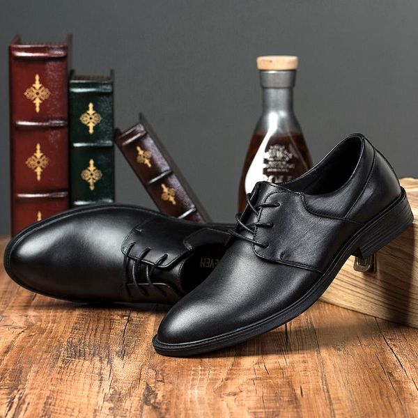 

men wedding shoes genuine leather formal business pointed toe for man dress shoes men's oxford flats 2020 new, Black