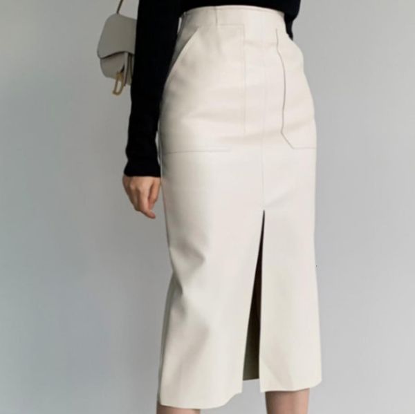 

spring autumn women pu leather ol skirts high waist package hip skirt front split zipper midi pencil skirts, Black